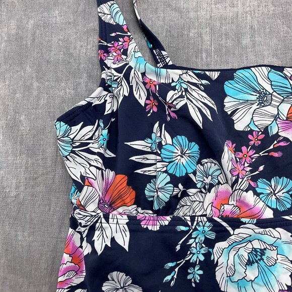 Lands End Tankini Top Women 10 Blue White Floral Underwire Bra Tank Pleat 1pc - Picture 2 of 7